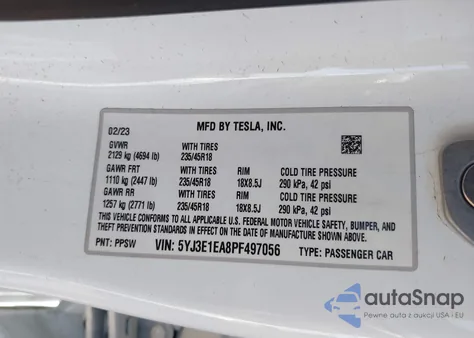 2023 Tesla Model 3 Rear-Wheel Drive from USA, damaged, VIN 5YJ3E1EA8PF497056